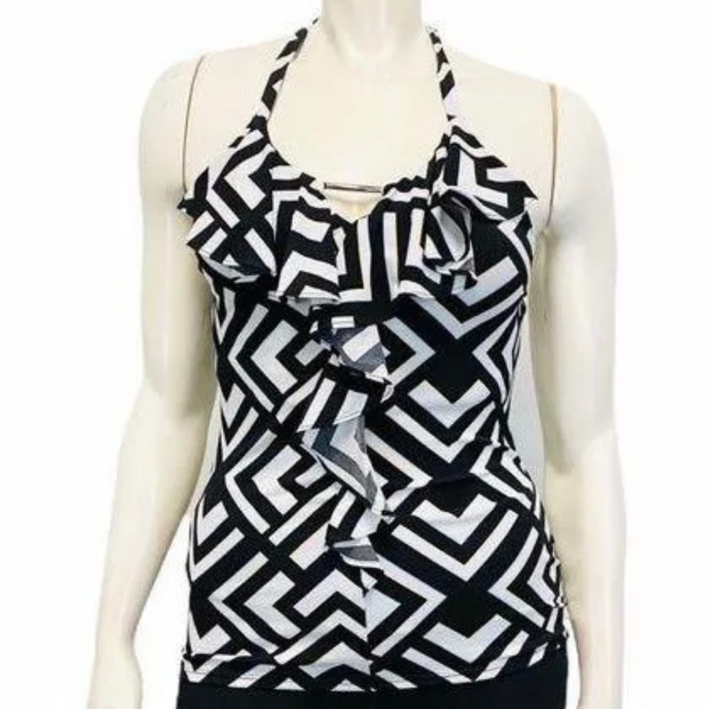 White House/Black Market Halter Diamond Geometric Print Summer Open Black Top.